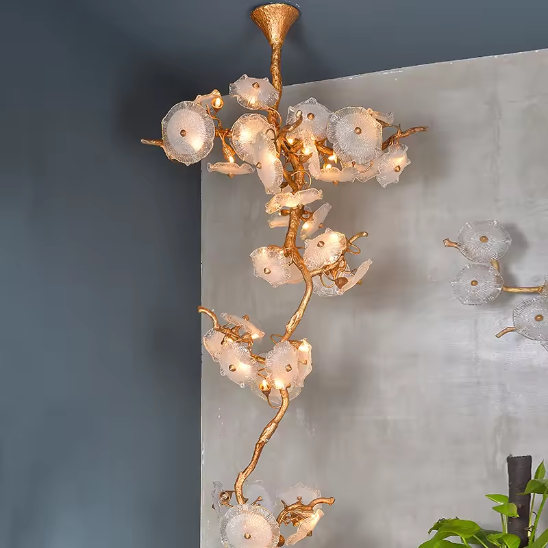 Motif Flower Copper Branch Lotus Leaf Hanging Lamp