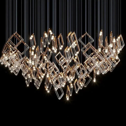 Illuminate your space with our custom project square shape pendants decor stair chandelier. Enhance your ambiance with unique design and stylish lighting.