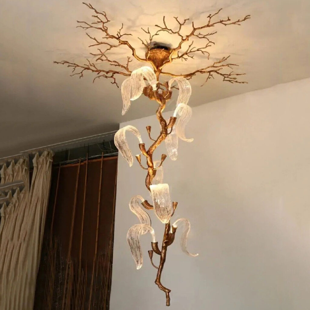 Copper Branch Tree Glass Leaf Chandelier for Restaurant