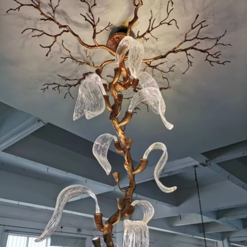 Copper Branch Tree Glass Leaf Chandelier for Restaurant