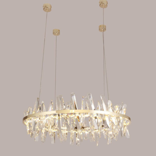 Enhance your space with a modern designer-decorated crystal chandelier.