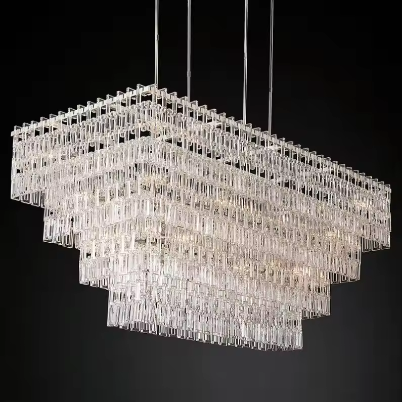 Rectangular Crystal Chandelier for Dining with Sand-Cast Brass