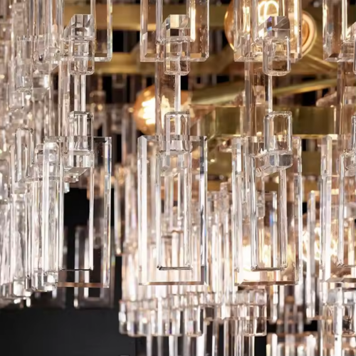 Rectangular Crystal Chandelier for Dining with Sand-Cast Brass