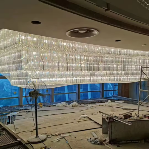 Rectangular Crystal Chandelier for Dining with Sand-Cast Brass