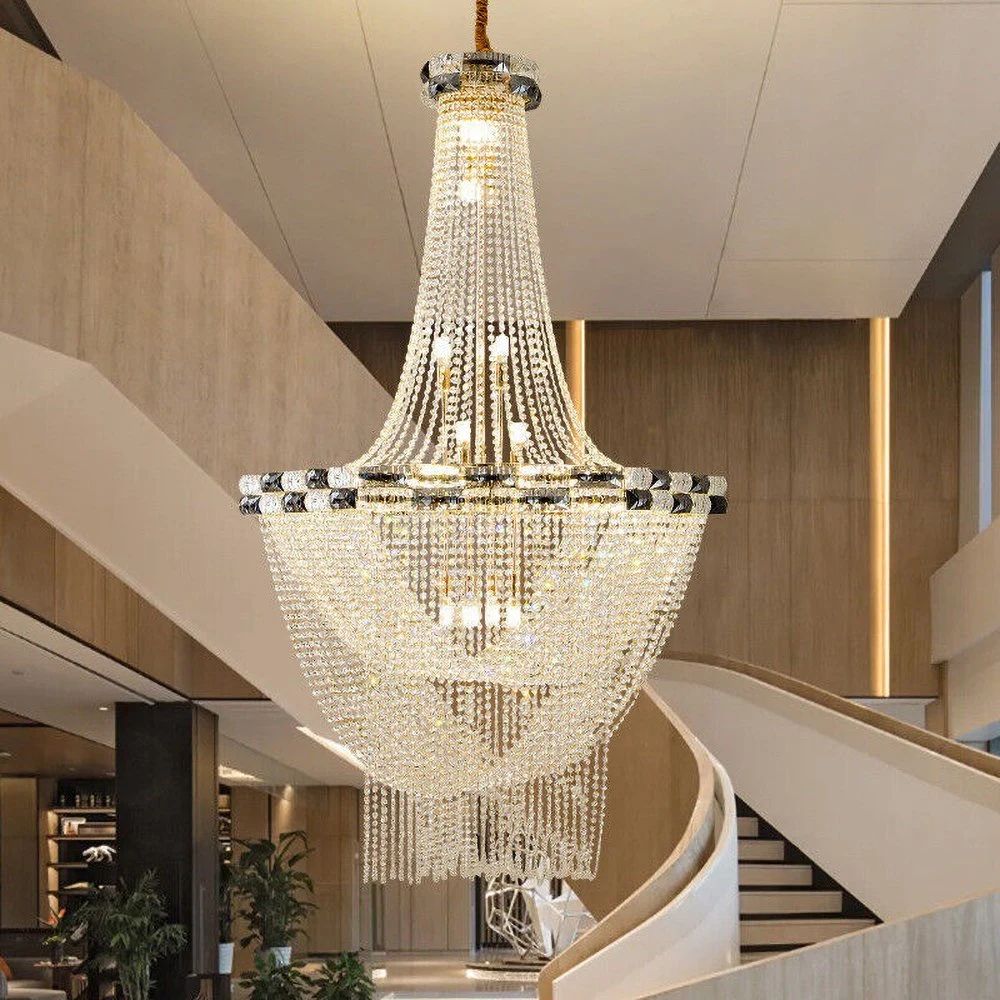 Long Crystal Lighting Hanging Big Pendant Cylinder Light LED Chandelier