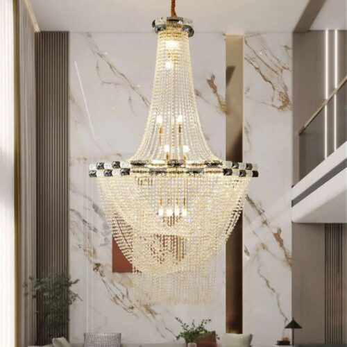 Long Crystal Lighting Hanging Big Pendant Cylinder Light LED Chandelier