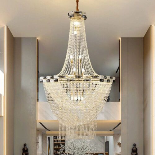 Long Crystal Lighting Hanging Big Pendant Cylinder Light LED Chandelier