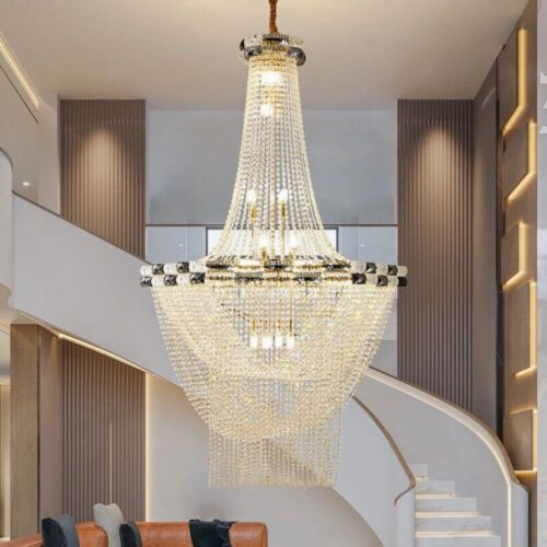 Long Crystal Lighting Hanging Big Pendant Cylinder Light LED Chandelier