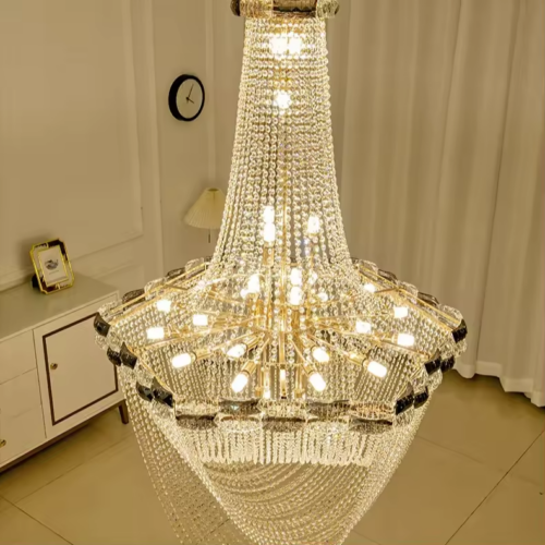 Long Crystal Lighting Hanging Big Pendant Cylinder Light LED Chandelier