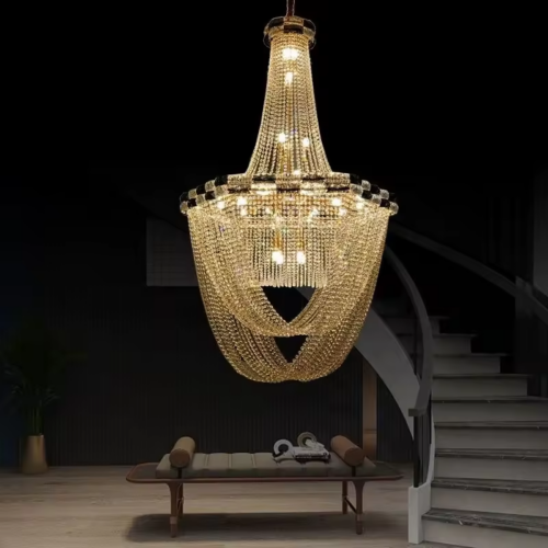 Long Crystal Lighting Hanging Big Pendant Cylinder Light LED Chandelier