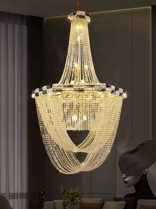 Long Crystal Lighting Hanging Big Pendant Cylinder Light LED Chandelier